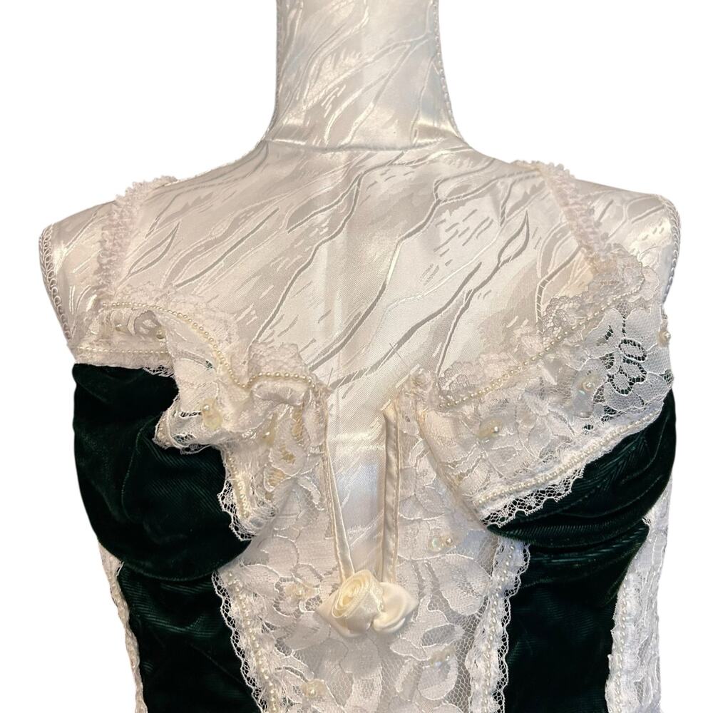 Vintage Green Velvet White Lace Body Suit Womens Sz Medium Goth Romance Coquette - Picture 5 of 16